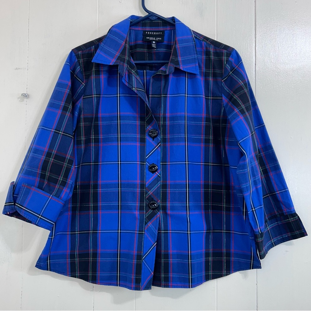 Foxcroft Top Multicolor Plaid Shirt Size 16 Petites Wrinkle Free Shaped Fit.